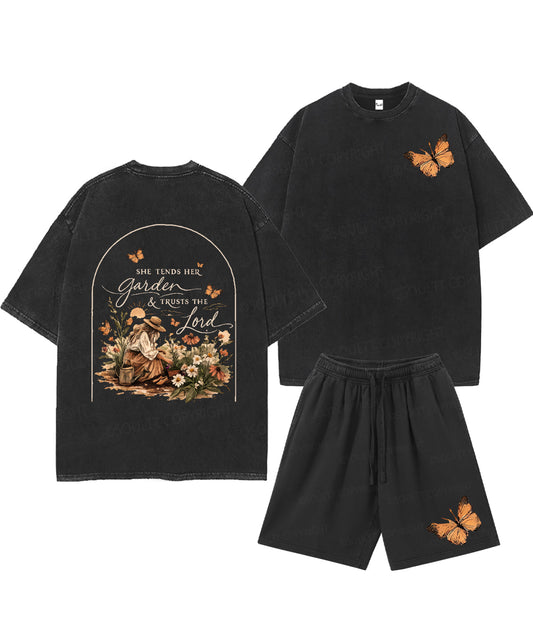 She Tends Her Garden Double Sided Unisex Christian Washed T-Shirt & Shorts