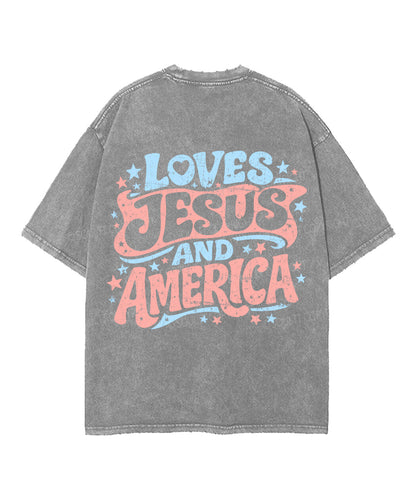 Loves Jesus And America Double Sided Unisex Washed Christian T-shirt