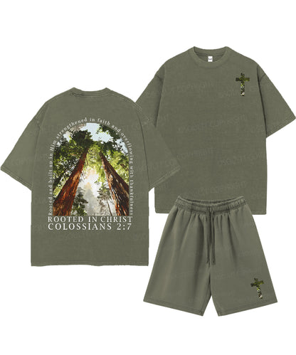 Rooted In Christ Double Sided Unisex Christian Washed T-Shirt & Shorts