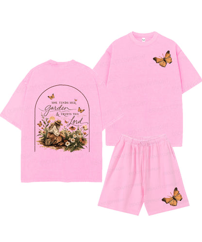 She Tends Her Garden Double Sided Unisex Christian Washed T-Shirt & Shorts