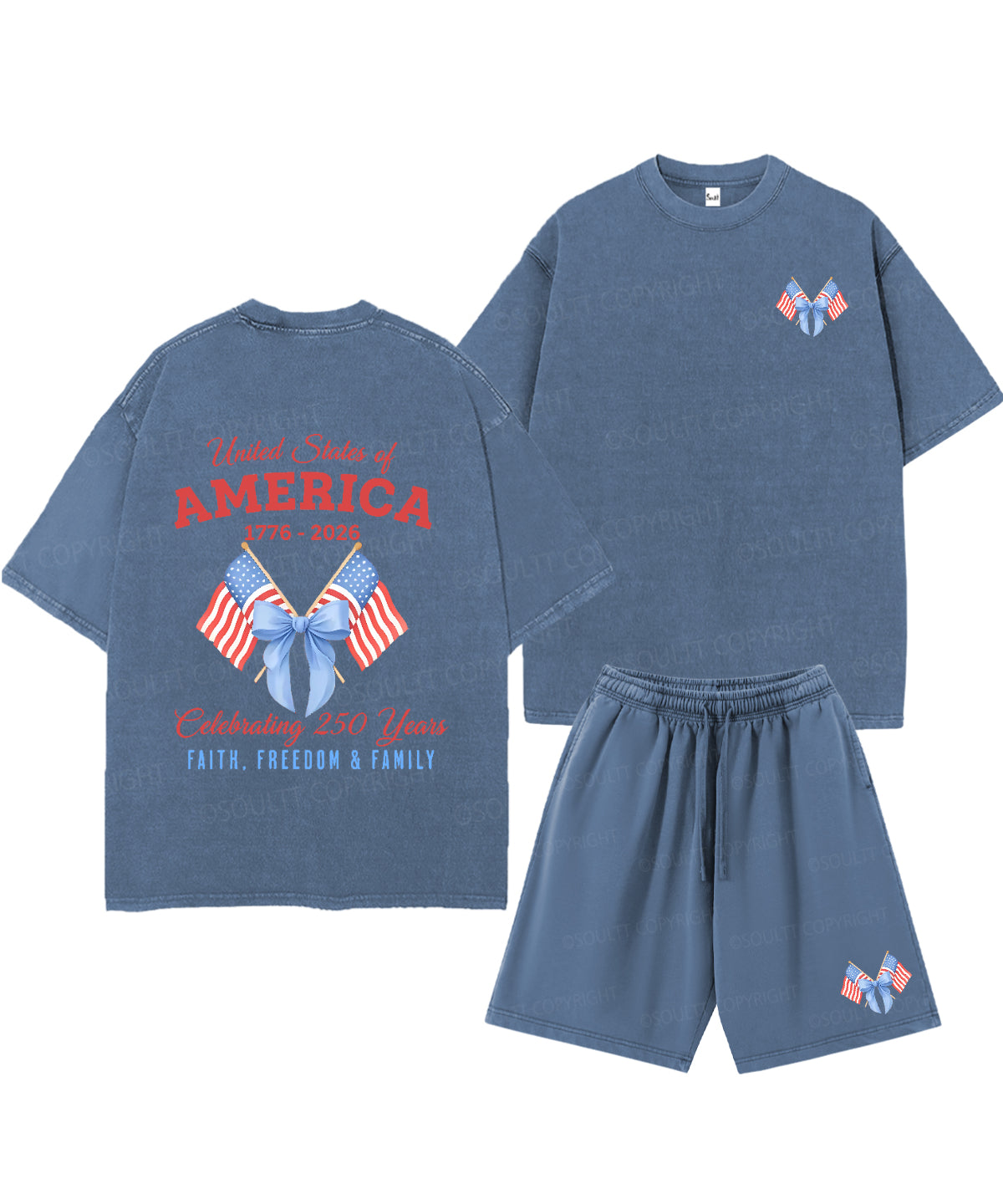 250 Years America Anniversary Double Sided Unisex Christian Washed T-Shirt & Shorts