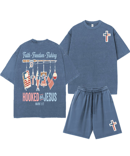 Hooked On Jesus Double Sided Unisex Christian Washed T-Shirt & Shorts
