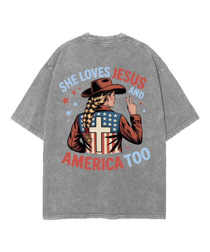She Loves Jesus And America Too Double Sided Unisex Washed Christian T-shirt