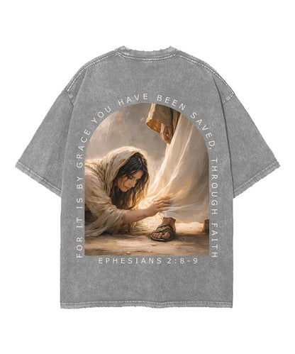 For It Is By Grace You Have Been Saved, Through Faith Double Sided Unisex Washed Christian T-shirt