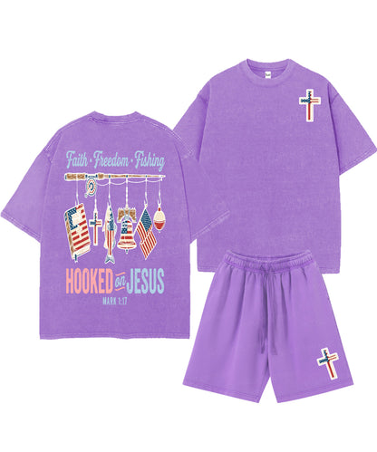 Hooked On Jesus Double Sided Unisex Christian Washed T-Shirt & Shorts