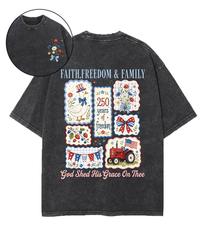 Faith • Freedom • Family Double Sided Unisex Washed Christian T-shirt