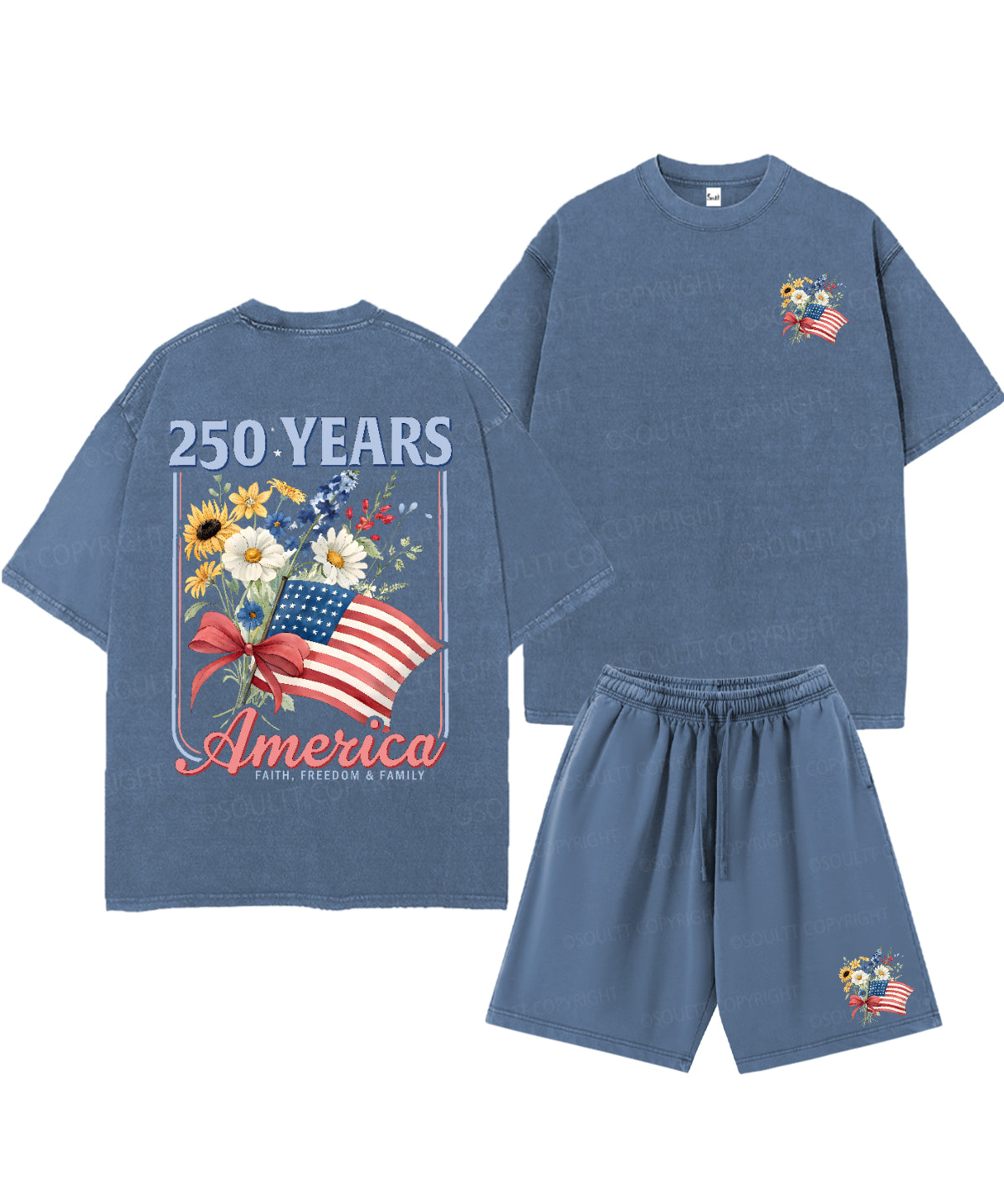 250 Years America Anniversary Double Sided Unisex Christian Washed T-Shirt & Shorts