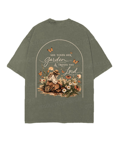 She Tends Her Garden Double Sided Unisex Christian Washed T-Shirt & Shorts