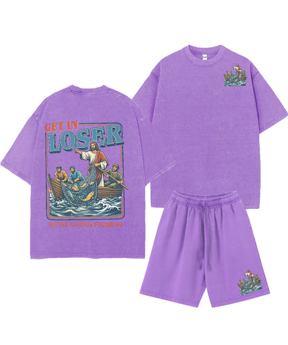 We're Going Fishing Double Sided Unisex Christian Washed T-Shirt & Shorts