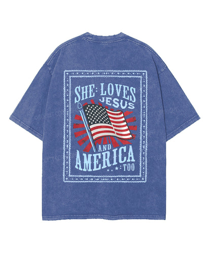 She Loves Jesus And America Too Double Sided Unisex Washed Christian T-shirt