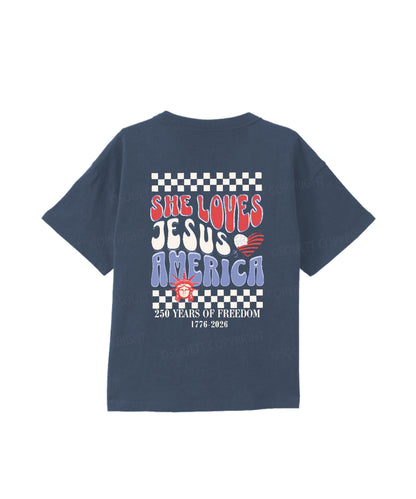 Kids She Loves Jesus And America Double Sided Cotton Christian T-shirt