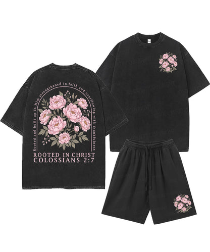 Rooted In Christ Double Sided Unisex Christian Washed T-Shirt & Shorts