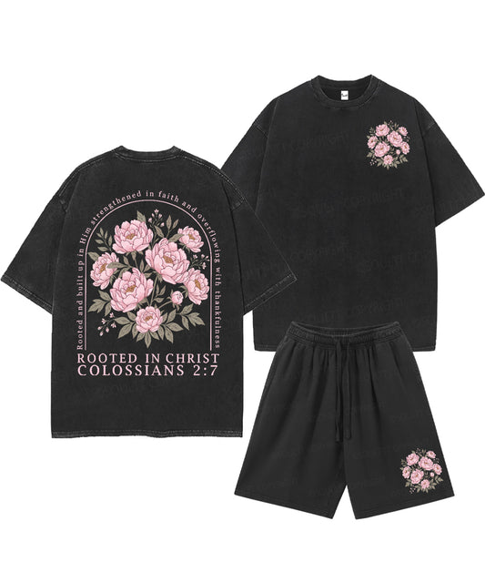 Rooted In Christ Double Sided Unisex Christian Washed T-Shirt & Shorts