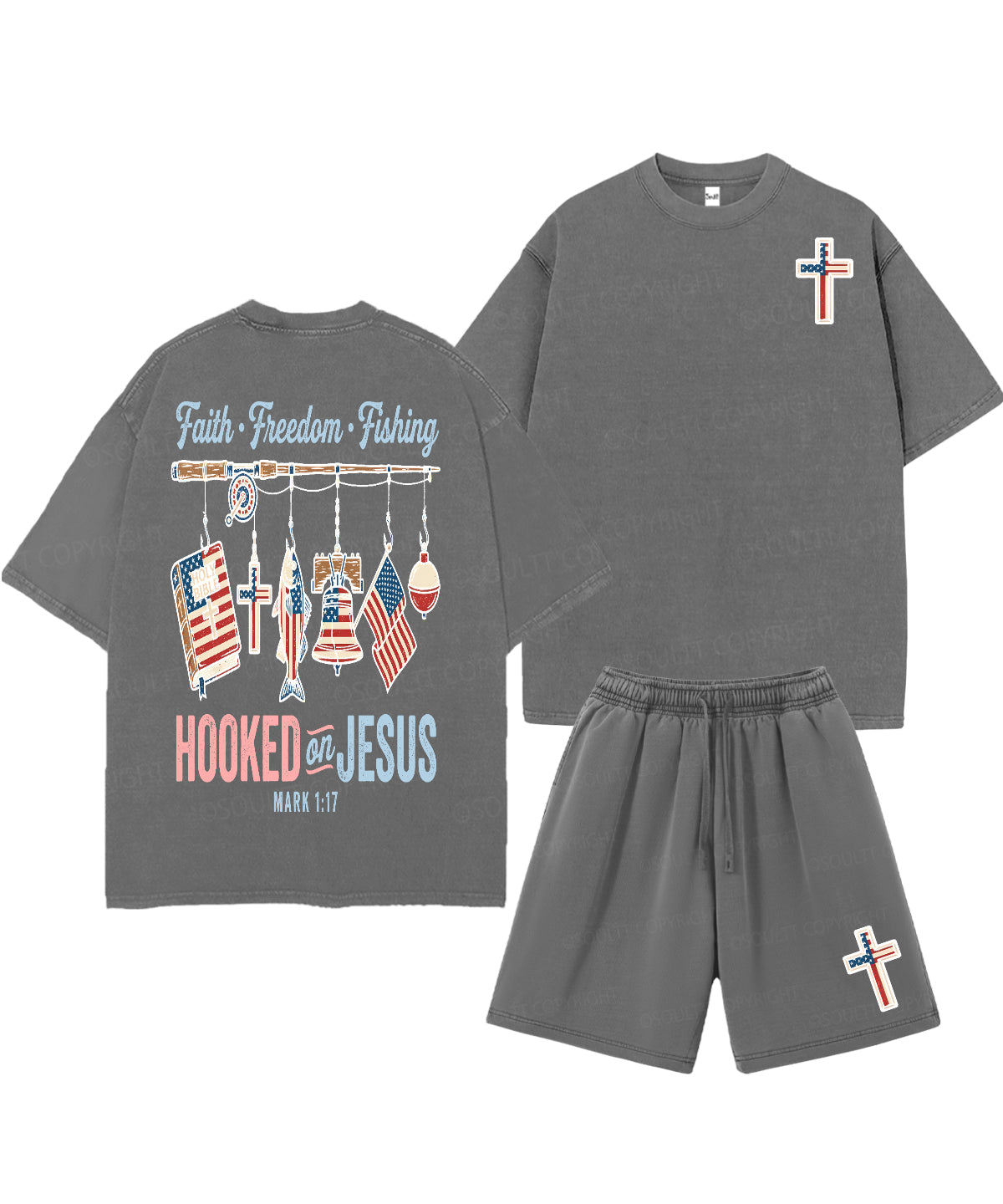 Hooked On Jesus Double Sided Unisex Christian Washed T-Shirt & Shorts