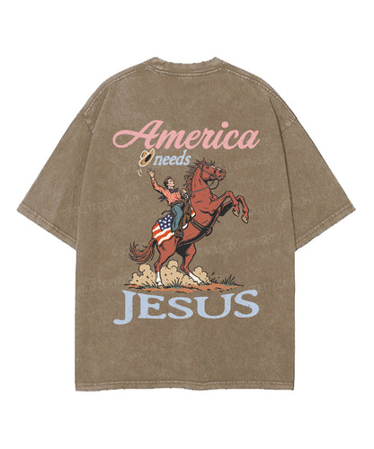 America Needs Jesus Double Sided Unisex Washed Christian T-shirt