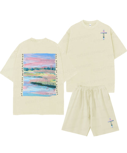 He Heals The Brokenhearted Double Sided Unisex Christian Washed T-Shirt & Shorts