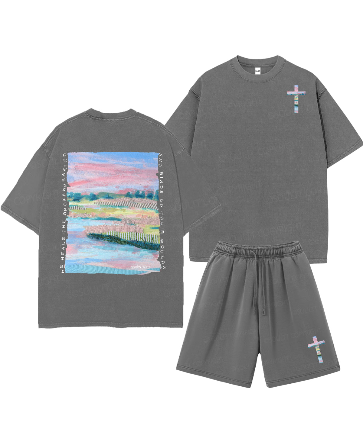 He Heals The Brokenhearted Double Sided Unisex Christian Washed T-Shirt & Shorts