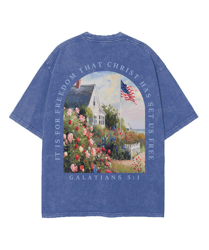 Christ Has Set Us Free Double Sided Unisex Washed Christian T-shirt