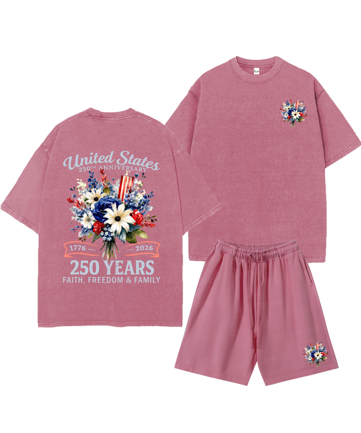 250 Years America Anniversary Double Sided Unisex Christian Washed T-Shirt & Shorts
