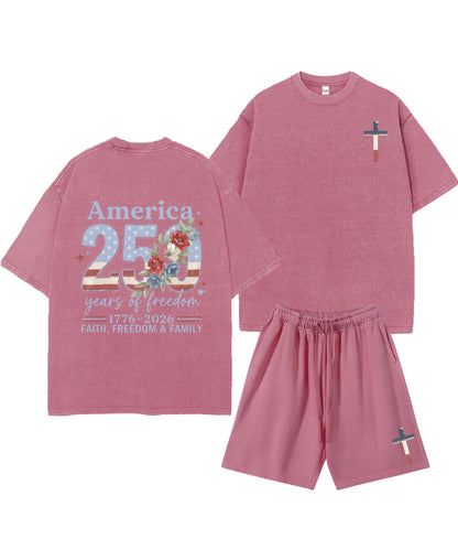 250 Years America Anniversary Double Sided Unisex Christian Washed T-Shirt & Shorts
