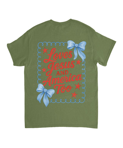 Loves Jesus And America Too Double Sided Unisex Cotton Christian T-Shirt
