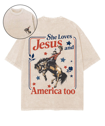 She Loves Jesus And America Double Sided Unisex Washed Christian T-shirt