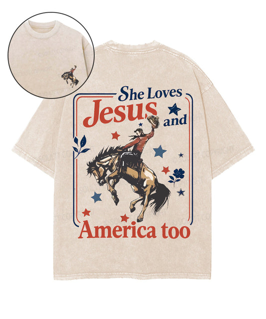 She Loves Jesus And America Double Sided Unisex Washed Christian T-shirt