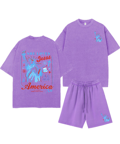 She Loves Jesus And America Too Double Sided Unisex Christian Washed T-Shirt & Shorts