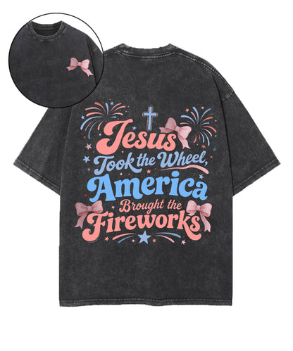 Jesus Took The Wheel America Double Sided Unisex Washed Christian T-shirt