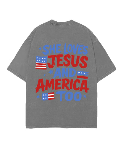 She Loves Jesus And America Too Double Sided Unisex Christian Washed T-Shirt & Shorts