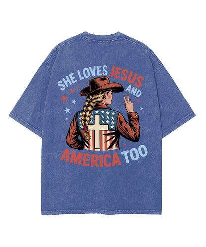 She Loves Jesus And America Too Double Sided Unisex Washed Christian T-shirt