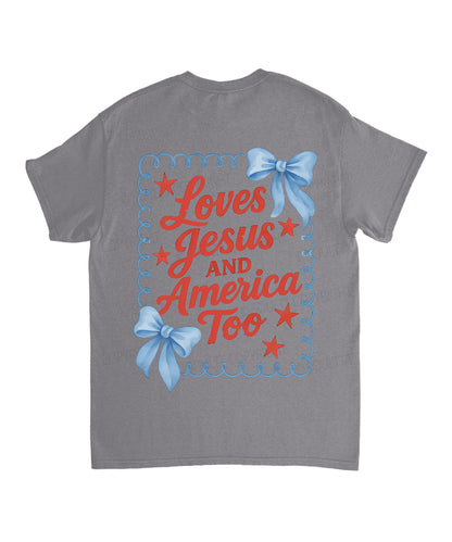 Loves Jesus And America Too Double Sided Unisex Cotton Christian T-Shirt