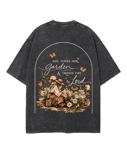 She Tends Her Garden Double Sided Unisex Washed Christian T-shirt