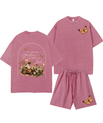 She Tends Her Garden Double Sided Unisex Christian Washed T-Shirt & Shorts