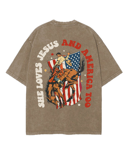 She Loves Jesus And America Too Double Sided Unisex Washed Christian T-shirt