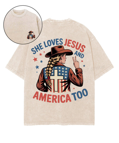 She Loves Jesus And America Too Double Sided Unisex Washed Christian T-shirt