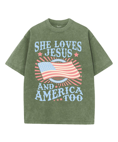 She Loves Jesus And America Too Unisex Washed Christian T-shirt
