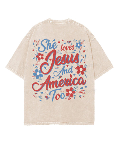 She Loves Jesus And America Double Sided Unisex Washed Christian T-shirt