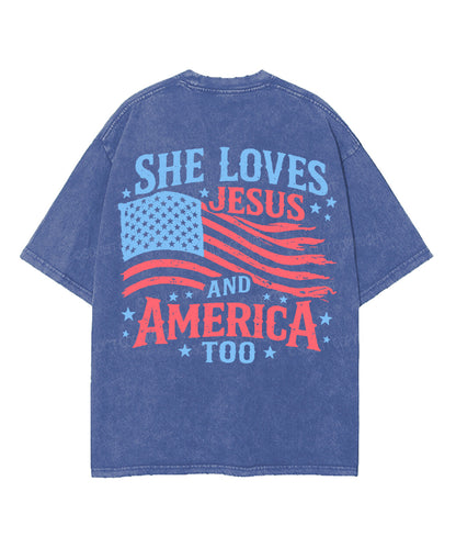 She Loves Jesus And America Double Sided Unisex Washed Christian T-shirt