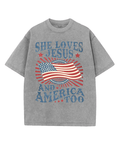 She Loves Jesus And America Too Unisex Washed Christian T-shirt
