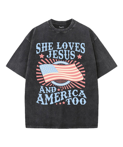 She Loves Jesus And America Too Unisex Washed Christian T-shirt