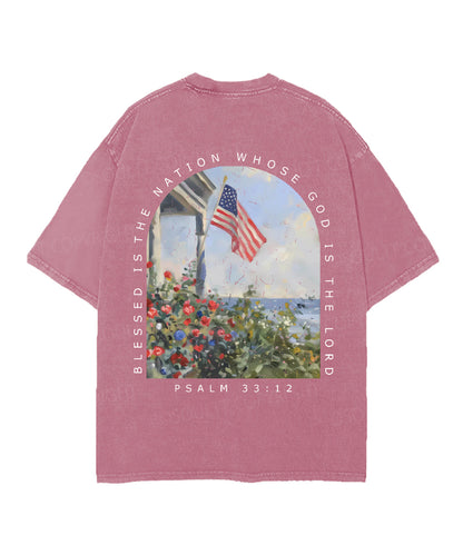 Blessed Is The Nation Whose God Is The Lord Double Sided Unisex Christian Washed T-Shirt & Shorts