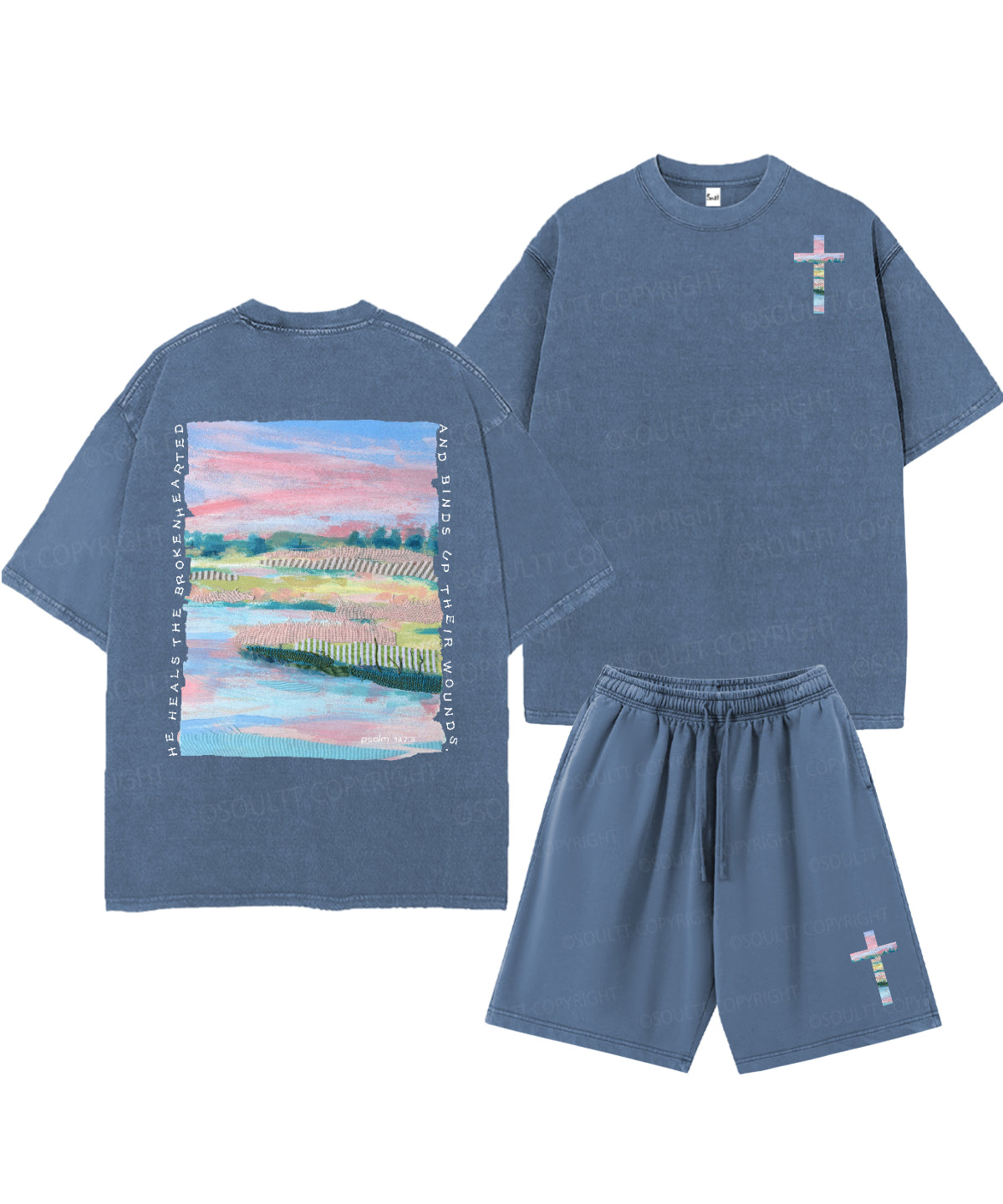 He Heals The Brokenhearted Double Sided Unisex Christian Washed T-Shirt & Shorts