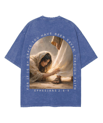 For It Is By Grace You Have Been Saved, Through Faith Double Sided Unisex Washed Christian T-shirt
