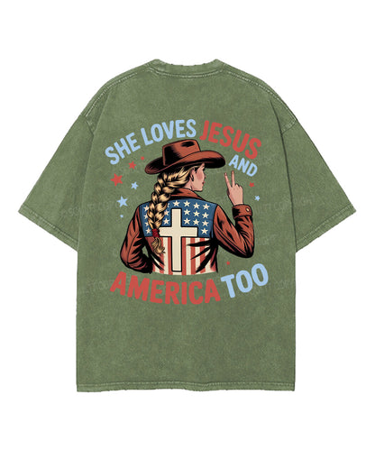 She Loves Jesus And America Too Double Sided Unisex Washed Christian T-shirt