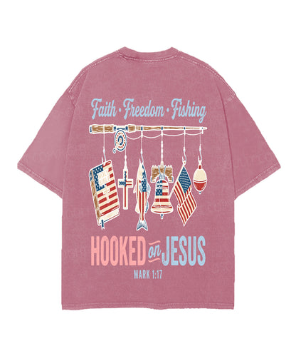 Hooked On Jesus Double Sided Unisex Christian Washed T-Shirt & Shorts