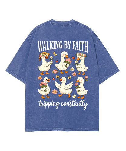 Walking By Faith Tripping Constantly Double Sided Unisex Washed Christian T-shirt