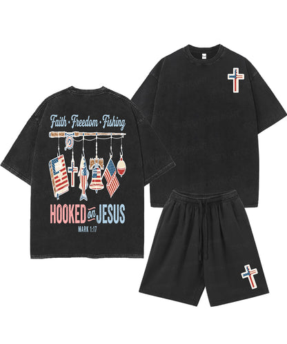 Hooked On Jesus Double Sided Unisex Christian Washed T-Shirt & Shorts