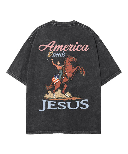 America Needs Jesus Double Sided Unisex Washed Christian T-shirt