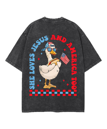 She Loves Jesus And America Double Sided Unisex Washed Christian T-shirt